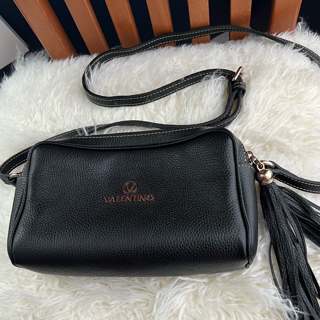 Valentino Black Pebbled Leather Crossbody With Tassel Accent